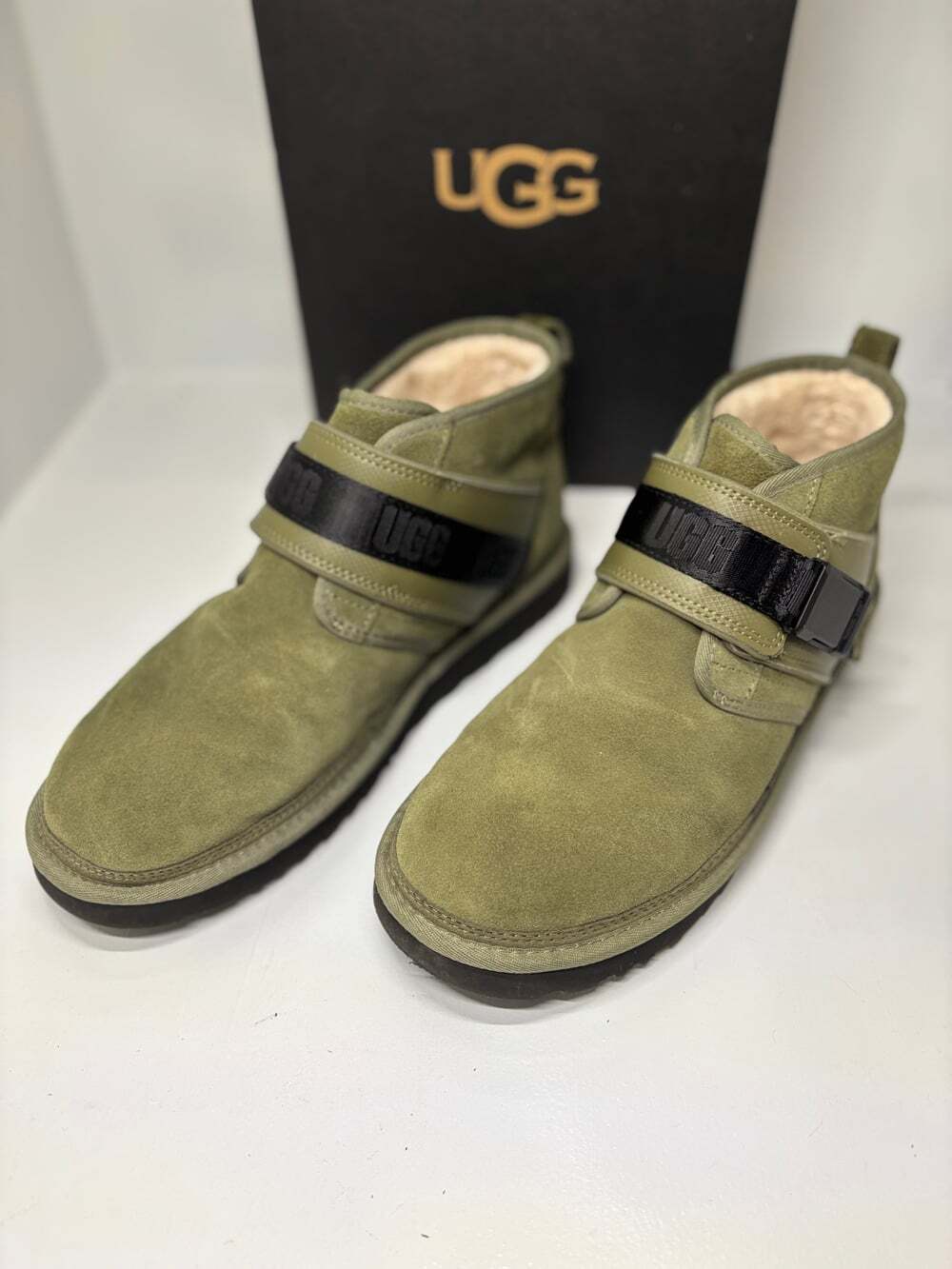 UGG Olive Green Suede Buckle Strap Ankle Boots Shearling Lined